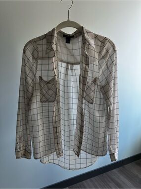 Forever 21 White and Blue Windowpane Check Button-Down Shirt